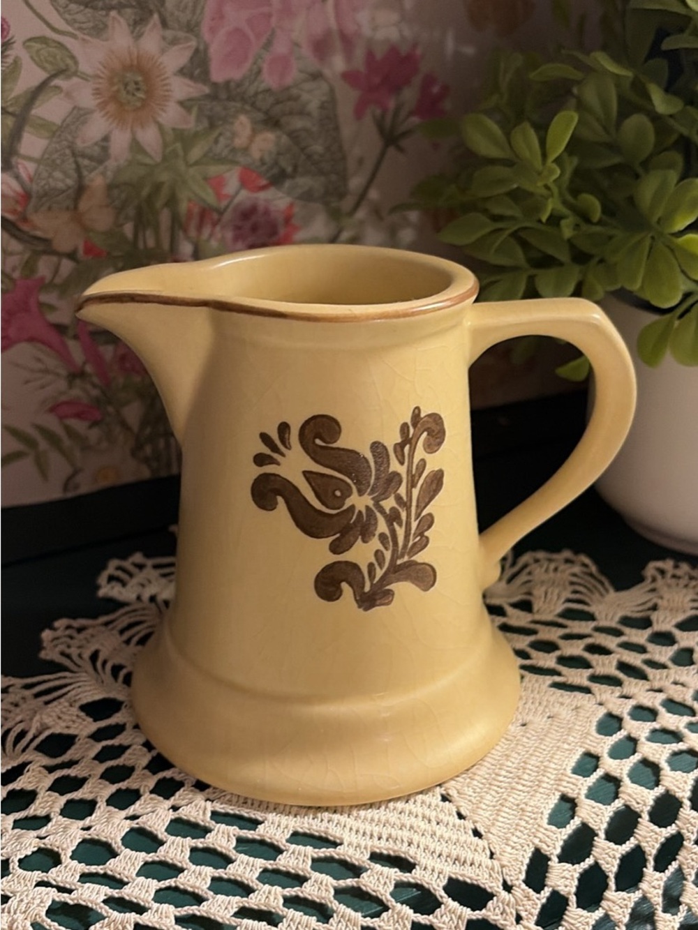 Pfaltzgraff Yellow Ceramic Pitcher with Brown Floral Motif